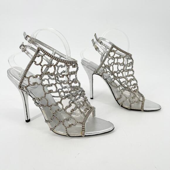 Rare Vintage 90s Gucci Crystal GG Logo Caged Silver Metallic Sandal Heel size 10 - Picture 1 of 16